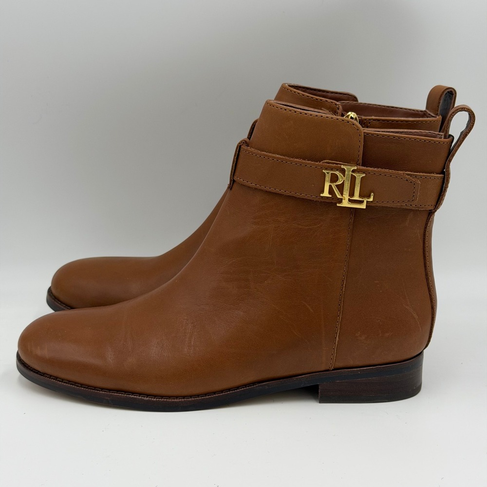 Lauren Ralph Lauren Briele Leather Ankle Bootie Polo Tan Brown Womens Size 6 B